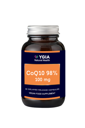 Q10 98%- 100 mg  ♦ 30 Enteric Veg Caps X 500mg  ♦ Amber Glass Bottles ♦ 100% Natural ♦ Non-GMO ♦ Gluten & Dairy Free ♦ No Additives