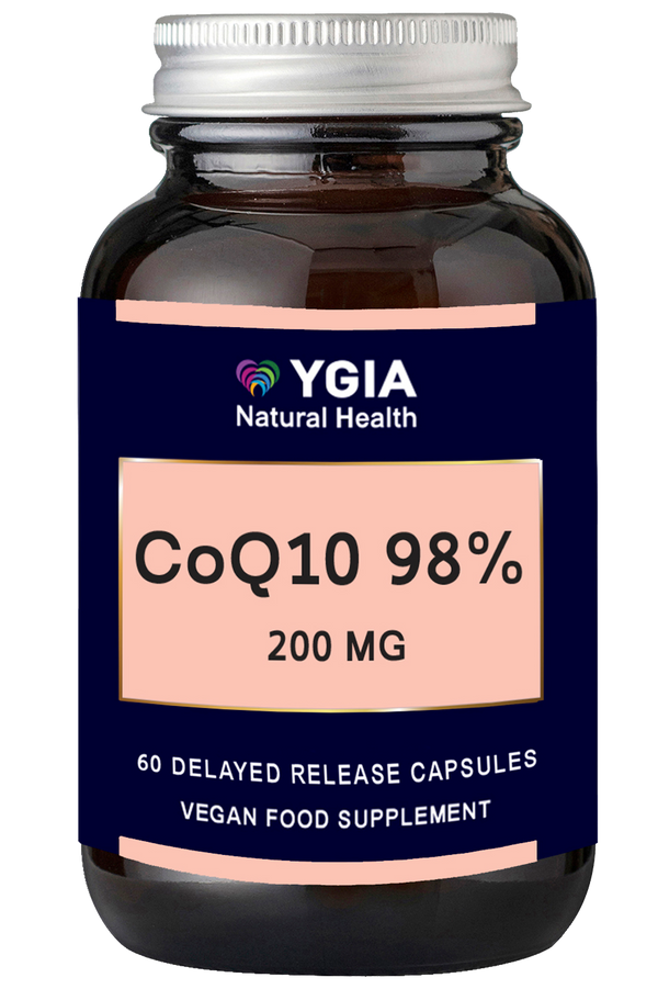 Q10 98%- 200 mg  ♦ 60 Enteric Veg Caps X 500mg  ♦ Amber Glass Bottles ♦ 100% Natural ♦ Non-GMO ♦ Gluten & Dairy Free ♦ No Additives