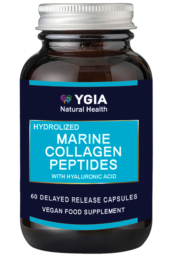 Hydrolized Marine Collagen Peptides with Hyaluronic Acid ♦ 60 Delayed Release  Veg Caps X 500mg  ♦ Amber Glass Bottles ♦ 100% Natural ♦ Non-GMO ♦ Gluten & Dairy Free ♦ No Additives