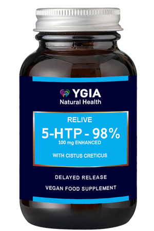 5 HTP (98%) - RELIVE ♦ 60 Veg Caps X 500mg ♦ Amber Glass Bottles ♦ 100% Natural ♦ Non-GMO ♦ Gluten & Dairy Free ♦ No Additives
