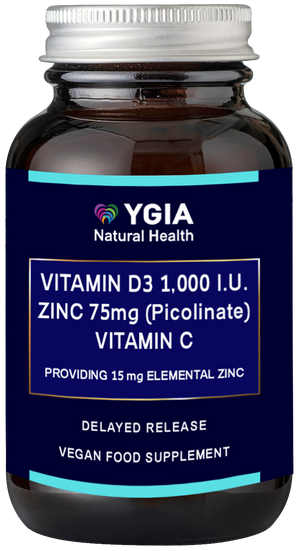 Picolinate Zinc 75 mg VIT D3 1,000 I.U. & VIT C ♦ Amber Glass Bottles ♦ 100% Natural ♦ Non-GMO ♦ Gluten & Dairy Free ♦ No Additives